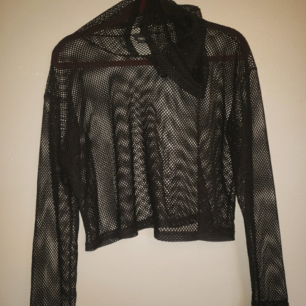 Fishnet Long Sleeve Hooded Crop Top